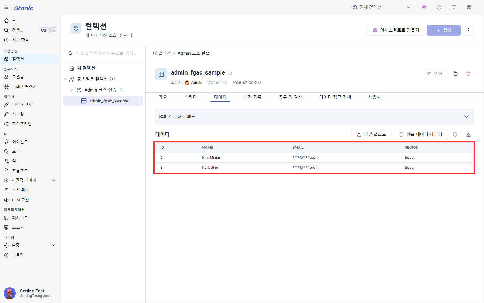 Setting Test 계정에서 email이 마스킹되고 Seoul 두 행만 보이는 데이터 화면