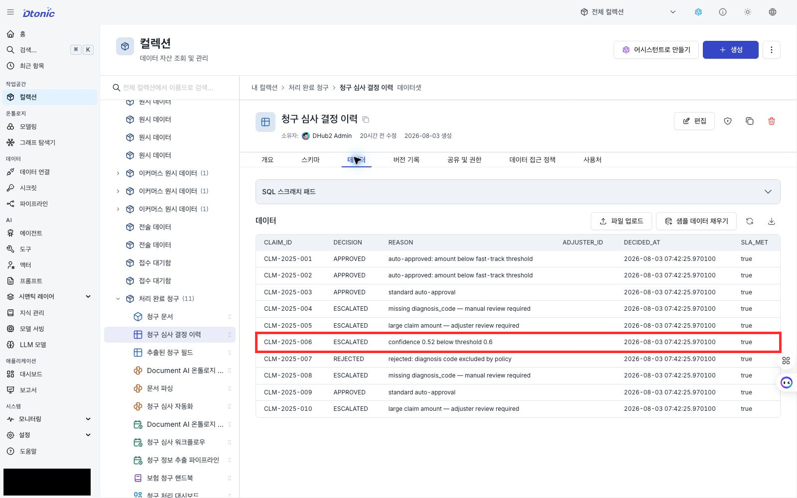 청구 결정 로그에서 CLM-2025-006의 ESCALATED 결정과 confidence 이유를 확인하는 포털 화면