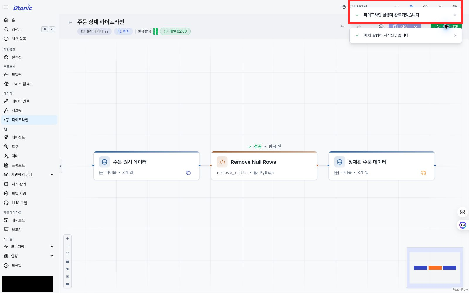 주문 원시 데이터에서 정제 주문 데이터로 이어지는 주문 정제 파이프라인이 성공한 포털 화면
