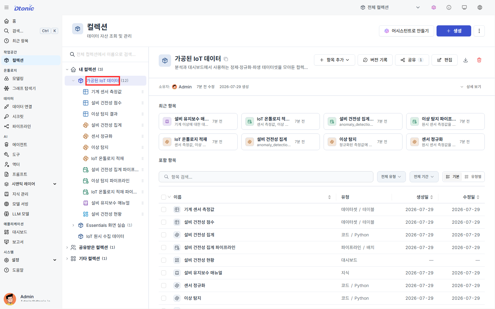 가공된 IoT 데이터 컬렉션과 가져온 데이터셋, 코드, 파이프라인, 지식, 대시보드