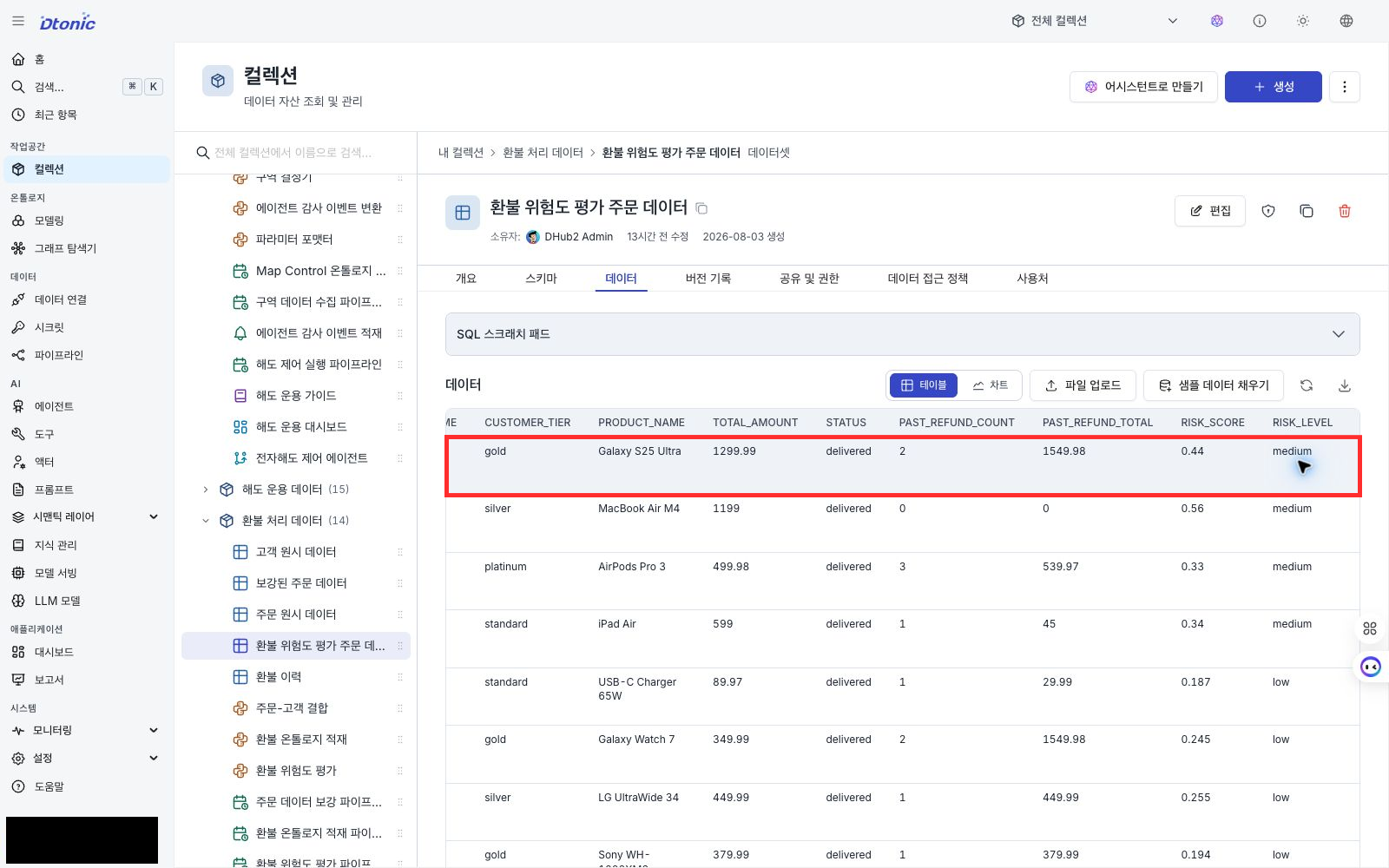 환불 위험도 평가 주문 데이터에서 위험 점수와 medium 수준을 확인하는 포털 화면