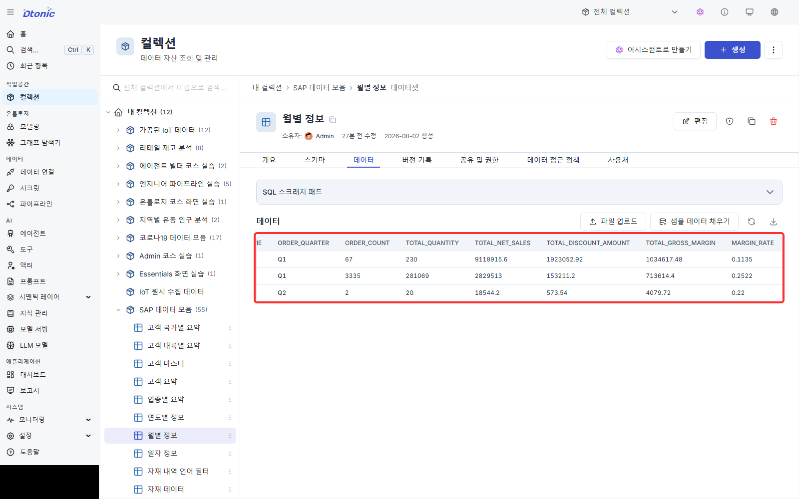 월별 주문 수량, 순매출, 할인과 마진을 비교하는 월별 정보 데이터셋